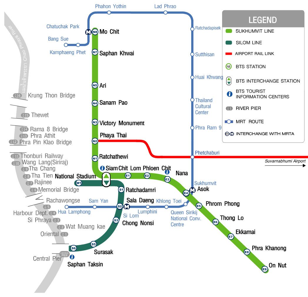 Routekaart Airport Rail Link, Skytrain (BTS) en Metro (MRT)